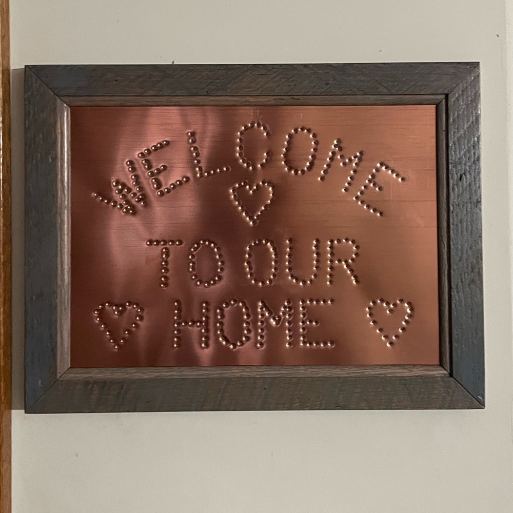 Wood Sign Custom made home decor Welcome to our Home‎ copper tin trim Oak New